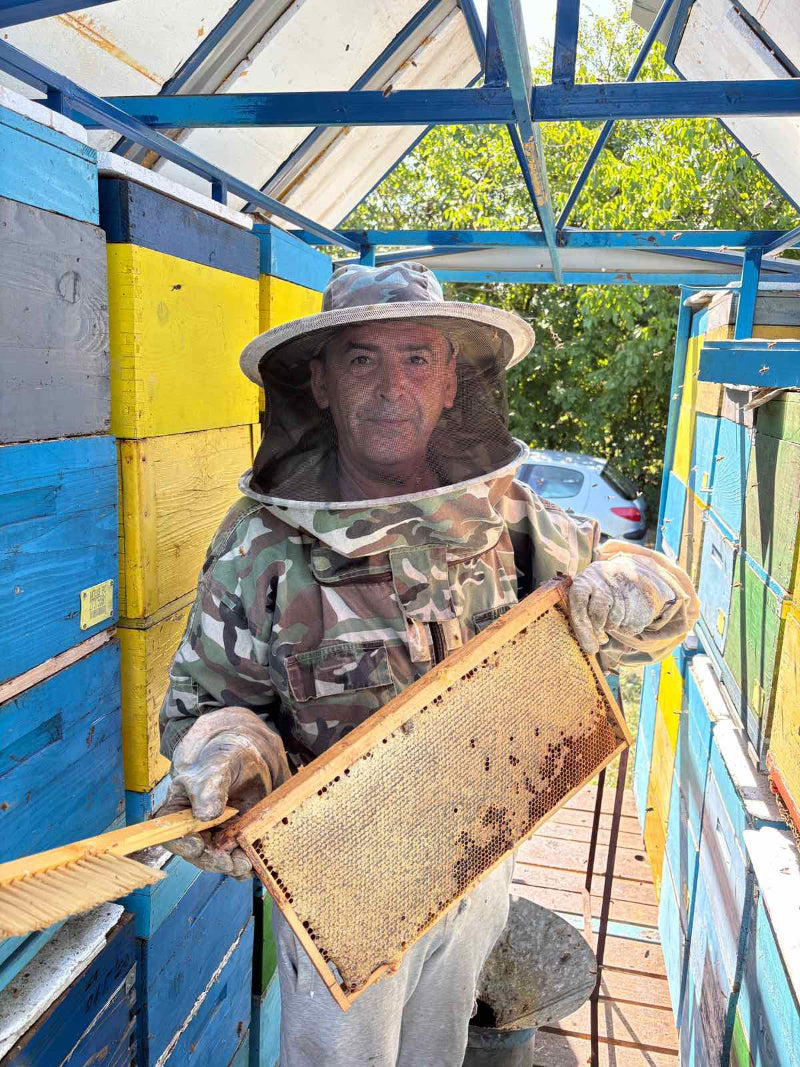 Pčelar u zaštitnom odelu drži pun ram prirodnog meda u pčelinjaku - Ubski med